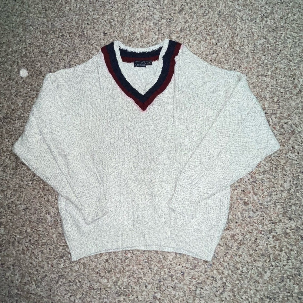 Van Heusen white red and blue V neck sweater